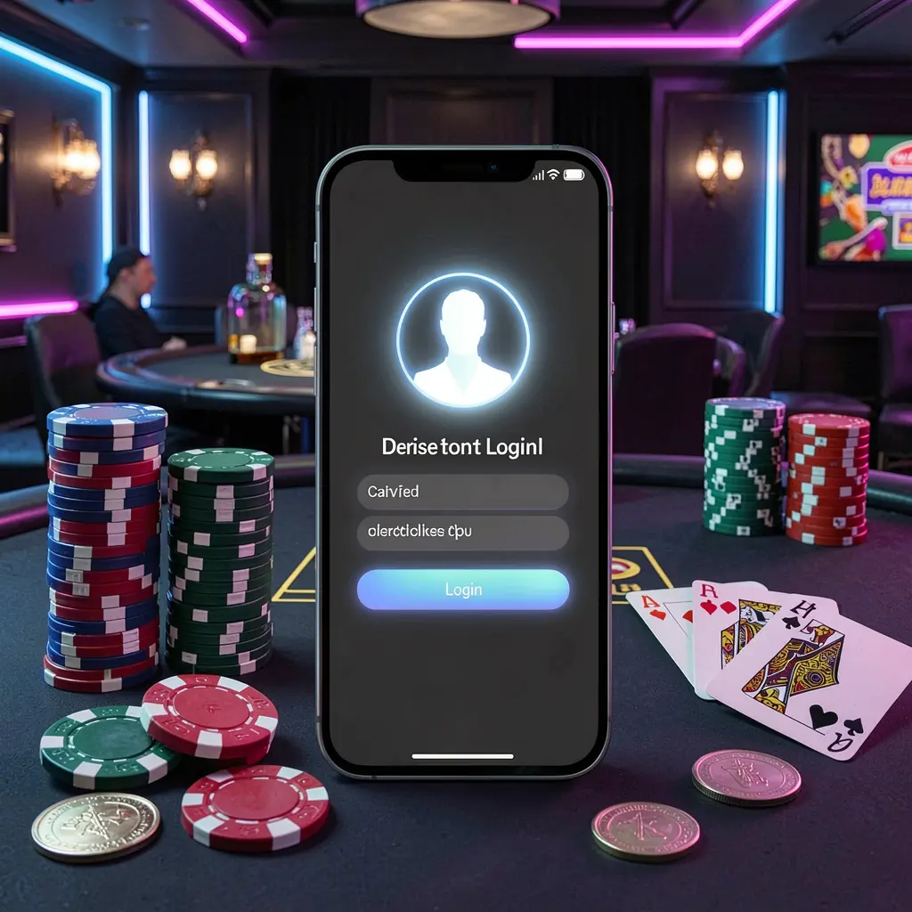 3E333 casino app login screen on a smartphone with glowing user profile icon, surrounded by chips, cards, and coins on an elegant dark background with neon highlights