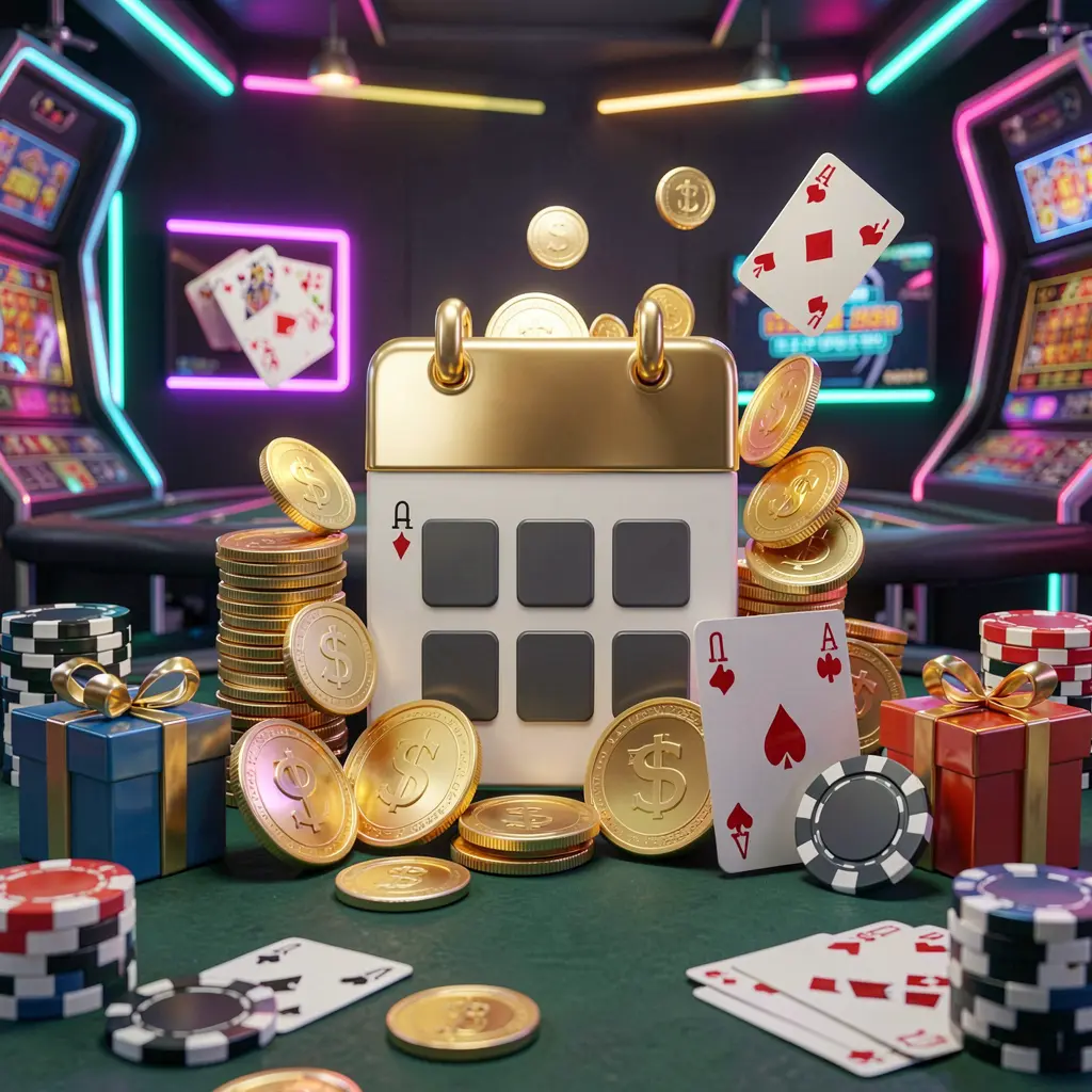 3E333 weekly online casino bonus concept featuring a calendar icon surrounded by golden coins, gift boxes, poker chips, and playing cards in a festive casino atmosphere with dark modern background and neon lights