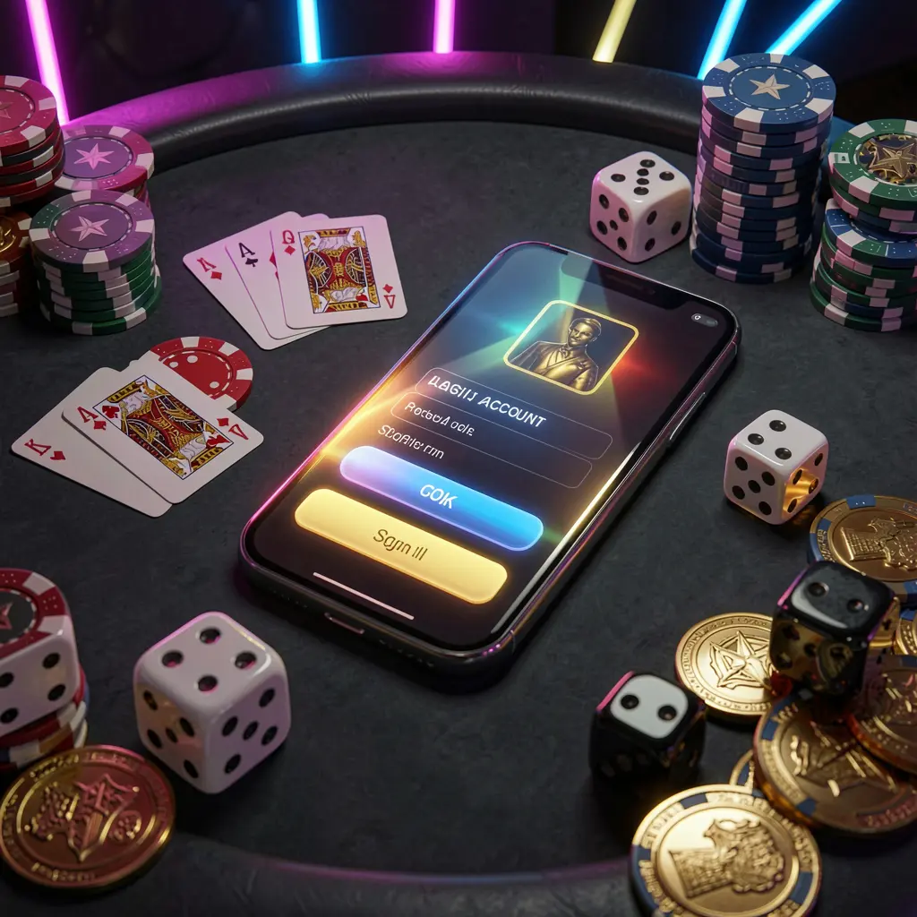 3E333 casino account sign in scene featuring a glowing smartphone on a casino table surrounded by cards, chips, dice, and gold coins with an elegant dark background and neon highlights in a realistic 3D render