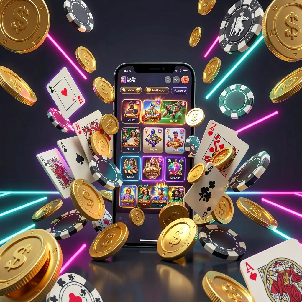 3E333 mobile casino homepage concept showing a smartphone surrounded by golden coins, chips, cards, and glowing icons on a modern dark background with neon accents